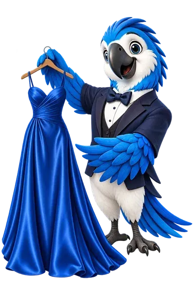 Alfie, our blue parrot ambassador, holding a blue formal dress